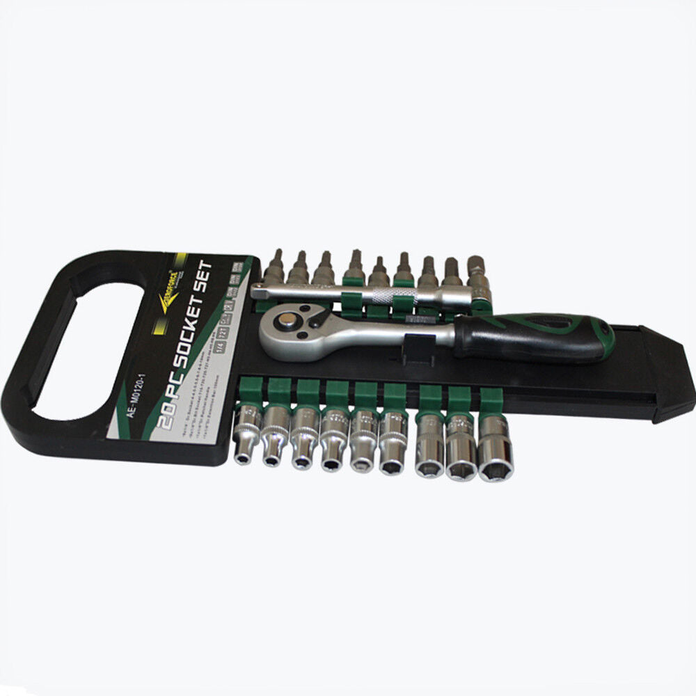 20pc 1/4” Dr. Comb Socket 4-10mm & Bit T15-h8 Ratchet Handle Bar Auto 20003040