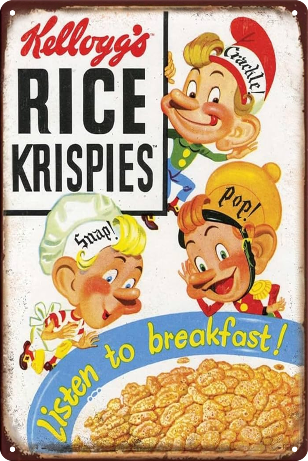 Kellogg's Rice Krispies Snap! Pop! Tin Sign Rustic Vintage Retro 20x30cm