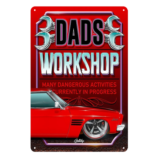 Dad's Workshop Dangerous In Progress Tin Metal Sign Rustic Look Vintage