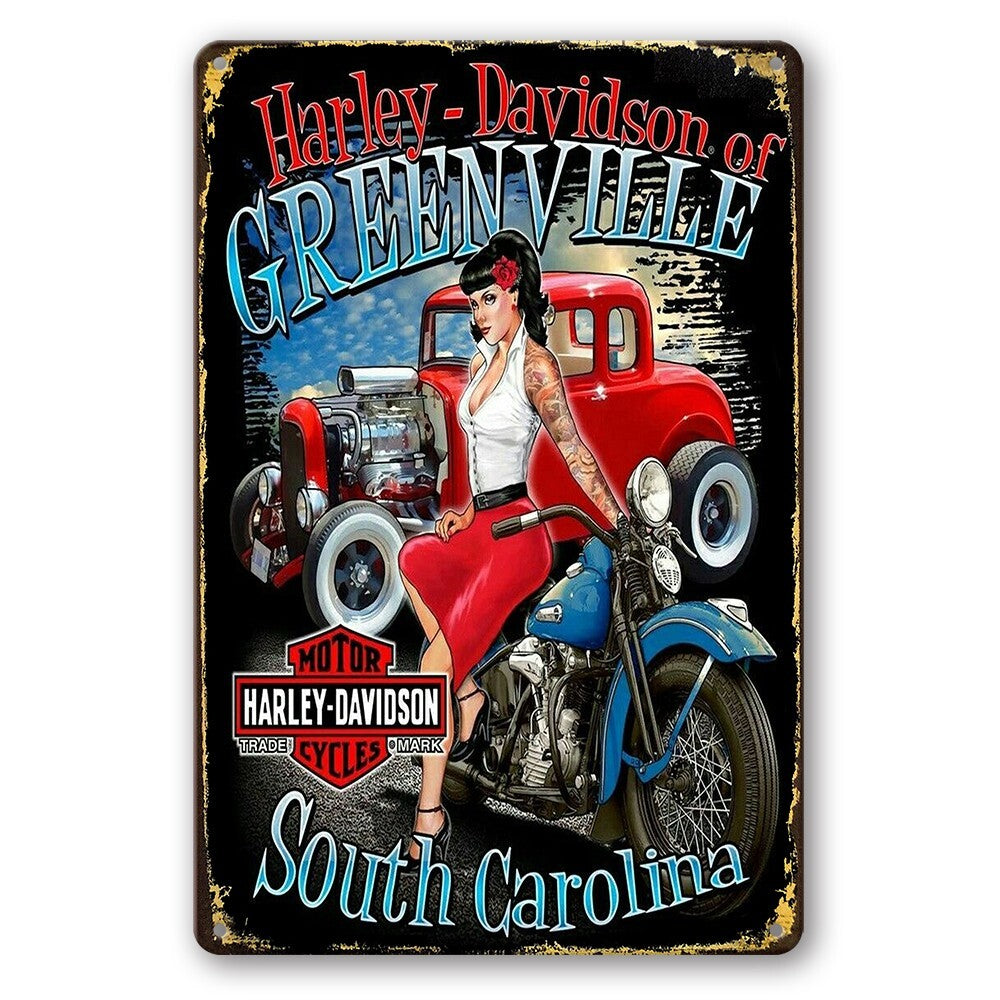 Tin Sign Harley Davidson Green Ville South Carolina Rustic Look Decorative Wall