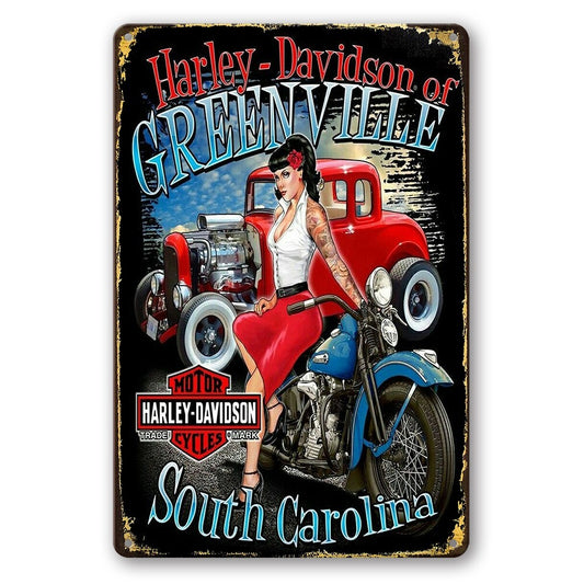Tin Sign Harley Davidson Green Ville South Carolina Rustic Look Decorative Wall