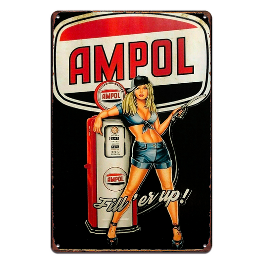 Ampol Tin Metal Sign Auto Oil Station Lady 20x30cm Rustic Look Vintage Man Cave
