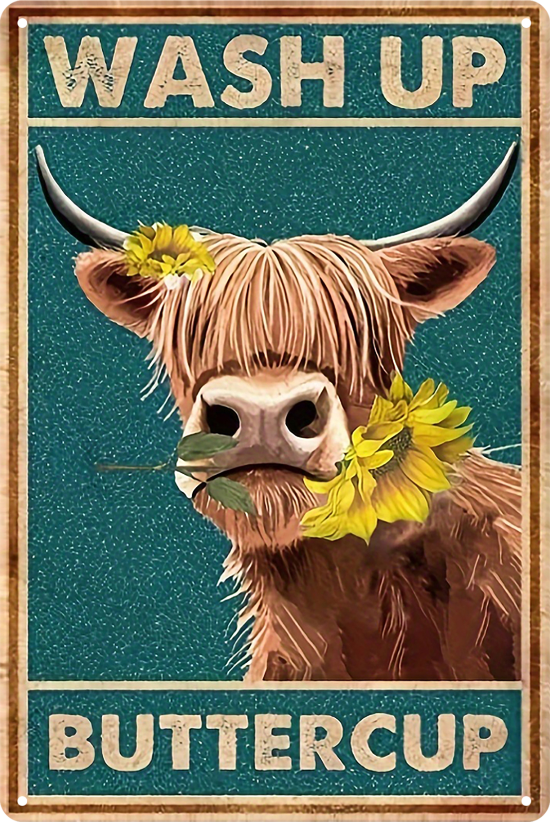 Wash Up Buttercup Highland Cow With Folower Tin Sign Rustic Retro 20x30cm