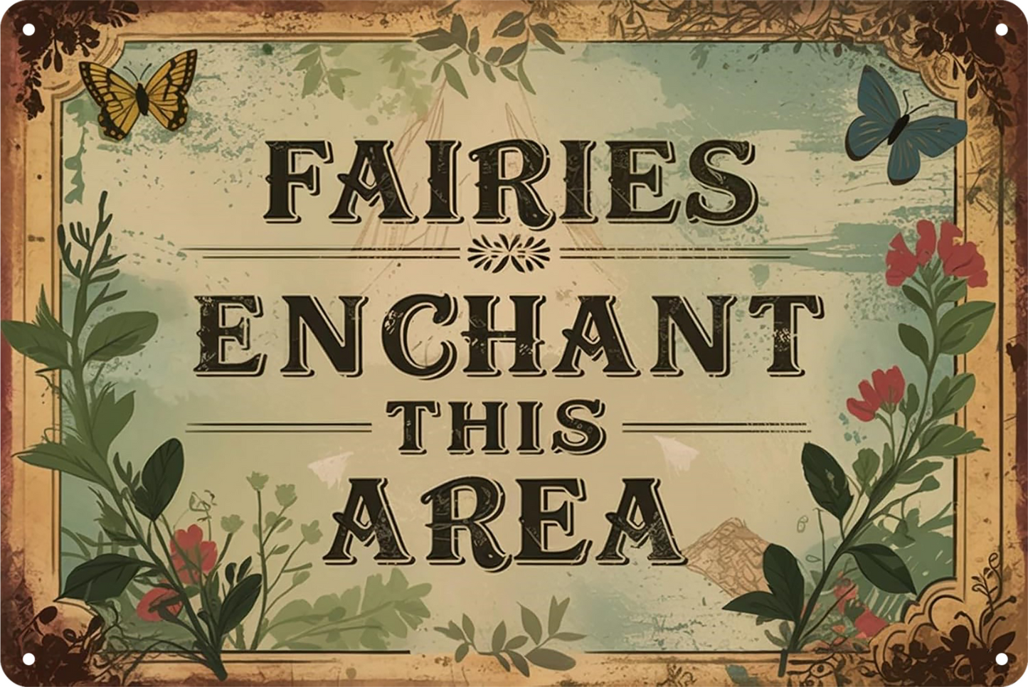Fairies Enchant This Area Garden Tin Sign Rustic Vintage Retro 20x30cm