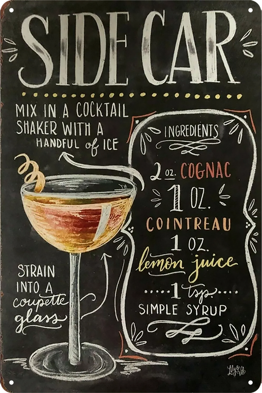 Sidecar Recipe Cocktail Bar Tin Metal Sign Rustic Look Vintage