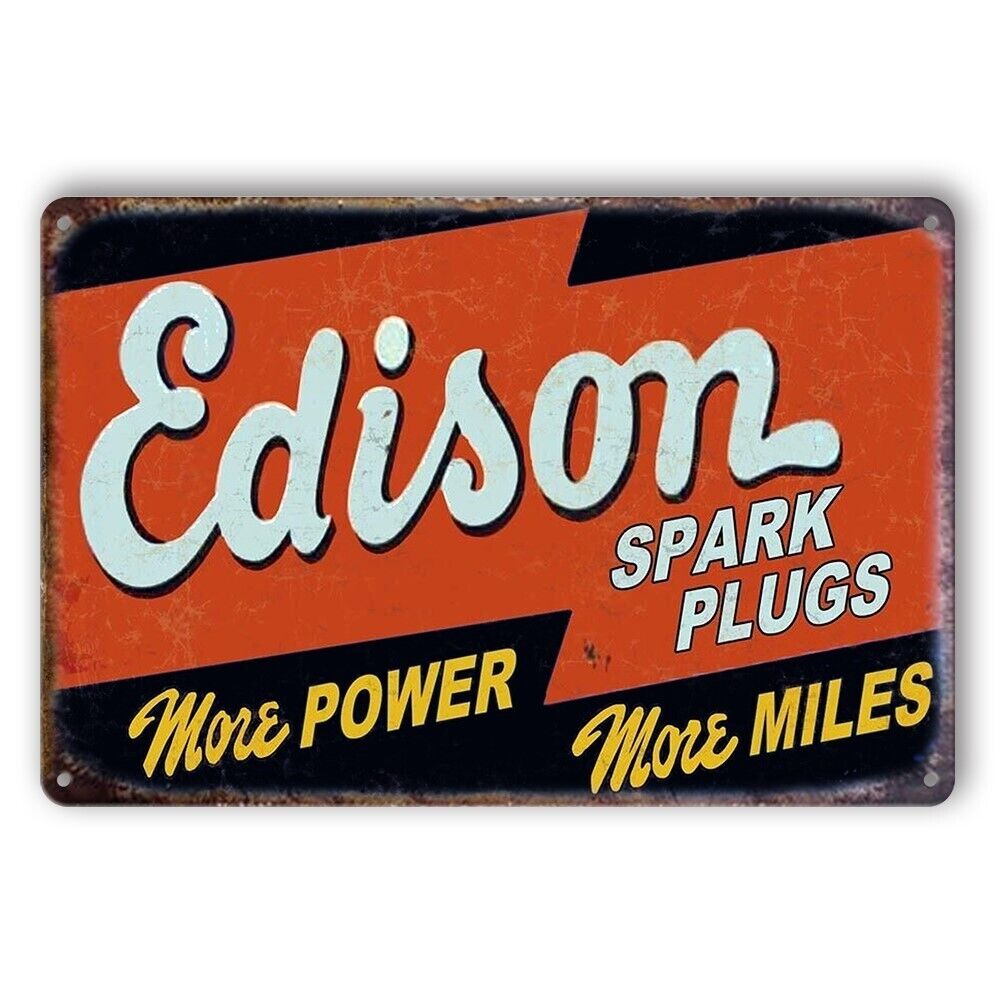 Tin Sign Edison Spark Plugs More Power Miles Rustic Look Decorative Wall Art