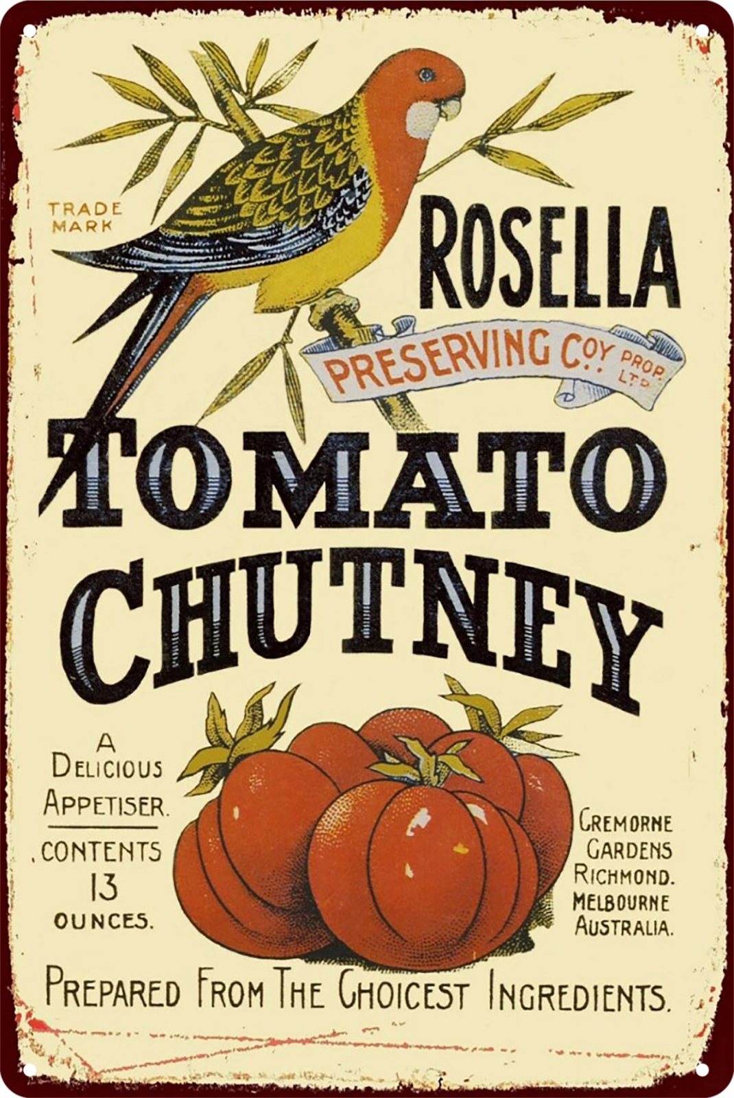 Rosella Romato Chutney Ingredients Tin Sign Rustic Vintage Retro 20x30cm