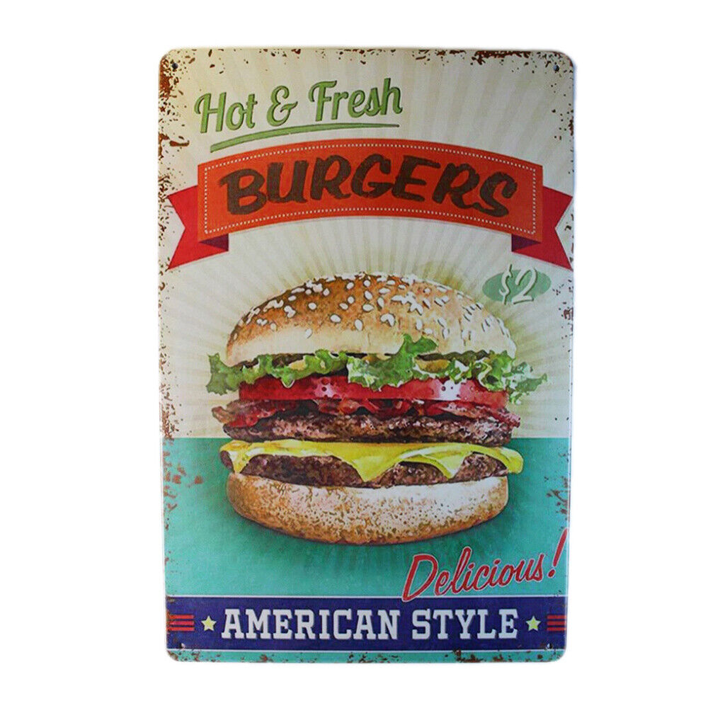 Tin Sign Burgers Fresh   Sprint Drink Bar Whisky Rustic Look