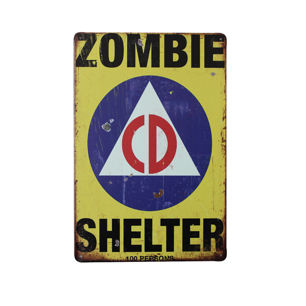 Tin Sign Zombie Shelter Sign Yellow