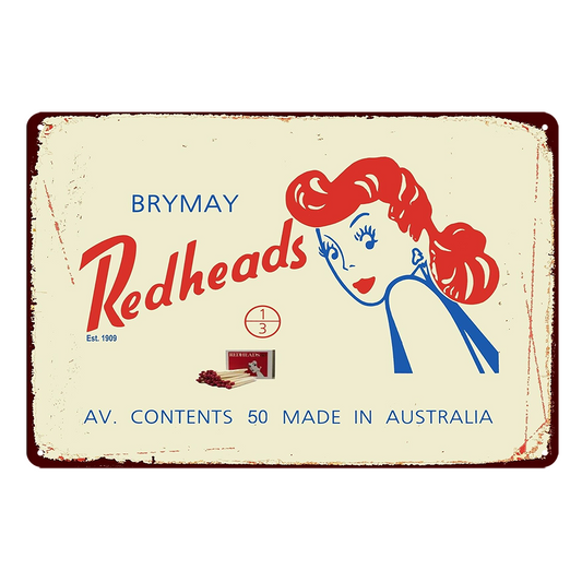 Redheads Brymay Smoker Made In Australia Tin Metal Sign Rustic Look Vintage