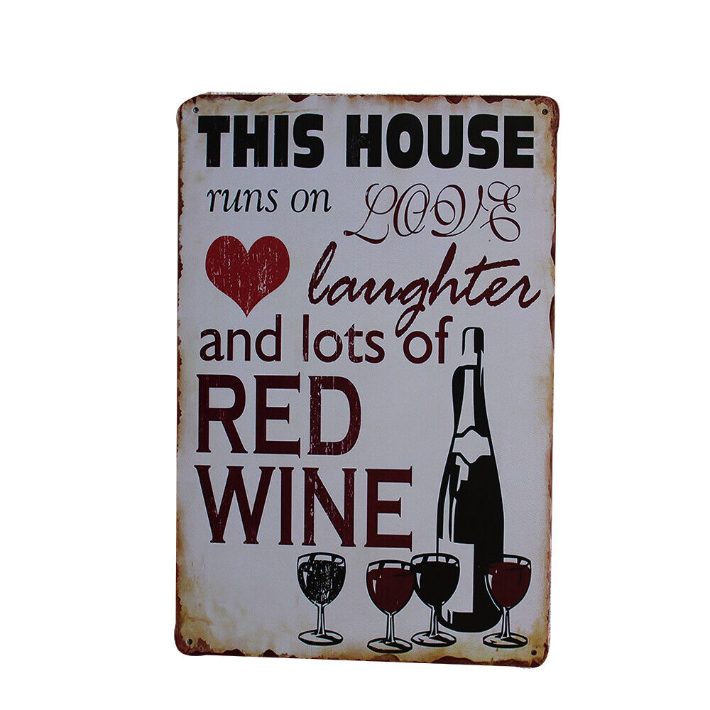 1x Metal Tin Sign This House Runs On Love Red Wine 200x300mm Cute Cheap Home Offi