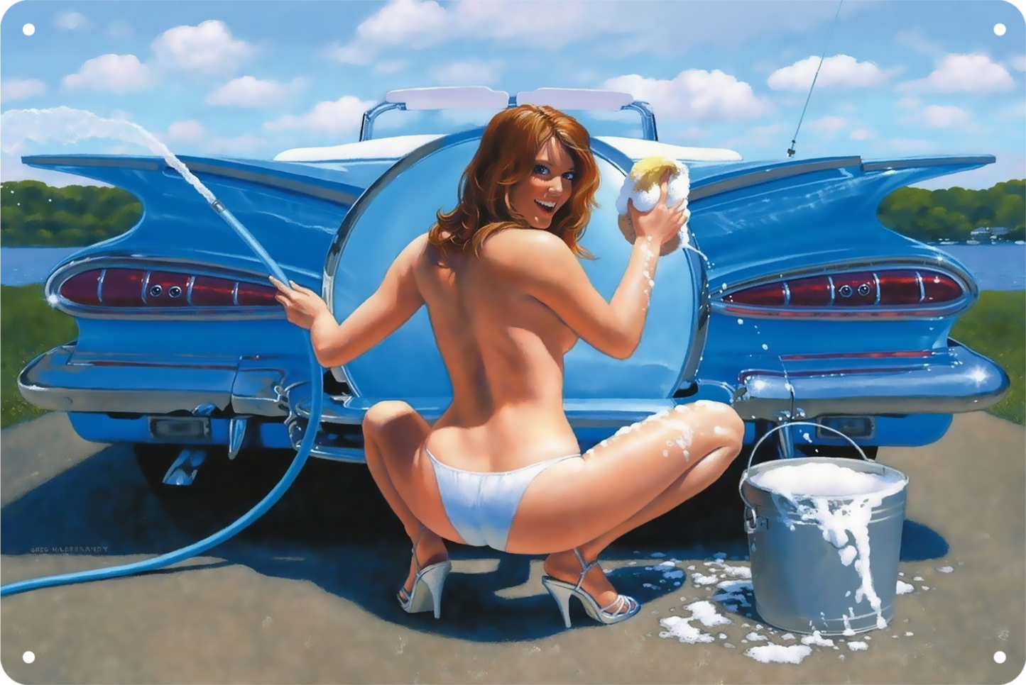 Sexy Pinup Carwash Girl 50's Cool Car Tin Sign Rustic Vintage Retro 20x30cm