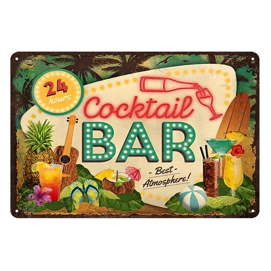 Bar Cocktail 24 Hours Best Atmosphers Happiness Tin Sign Vintage