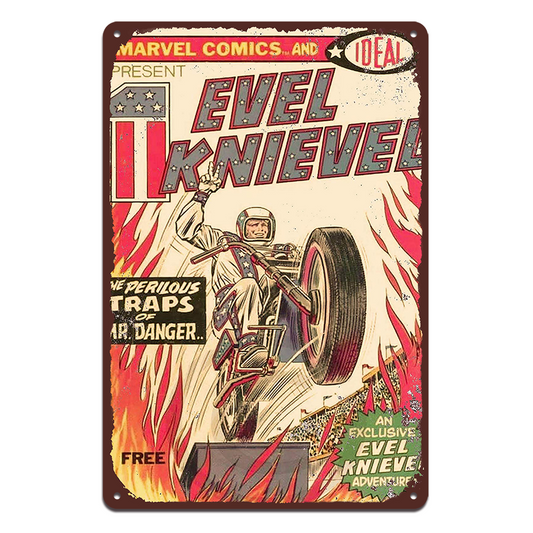Evel Knievel Traps Marvel Tin Metal Sign Rustic Look Vintage Man Cave Car