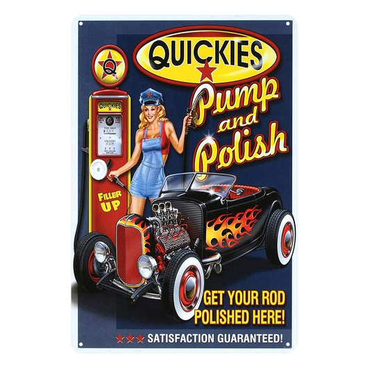 2x Quickies Pump Polish Sexy Girl Pip-up Rustic Tin Sign Vintage Garage Bar