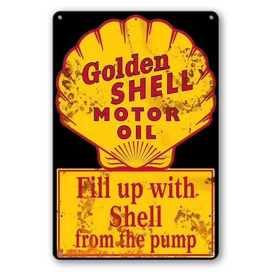 Tin Sign Golden Shell Motor Oil Fill Up Pump Rustic Look Decorative Wall Art