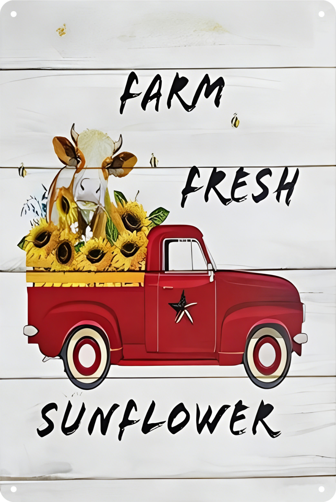 Farm Fresh Sunflower Red Truck With Cow Flower Tin Sign Rustic 20x30cm
