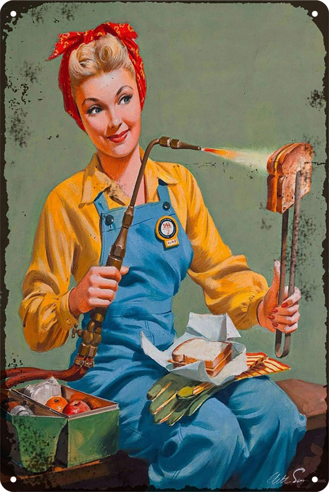Lunch Break Pip-up Girl Welds Sandwich Tin Sign Rustic Look Retro 20x30cm