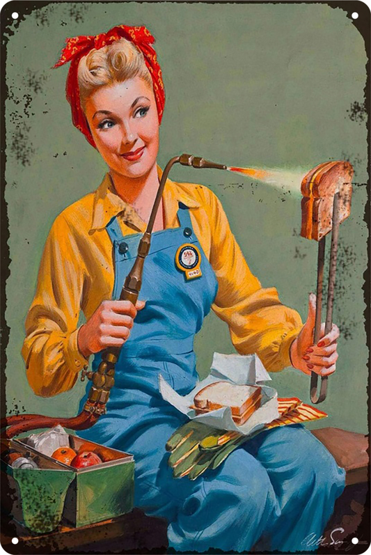 Lunch Break Pip-up Girl Welds Sandwich Tin Sign Rustic Look Retro 20x30cm