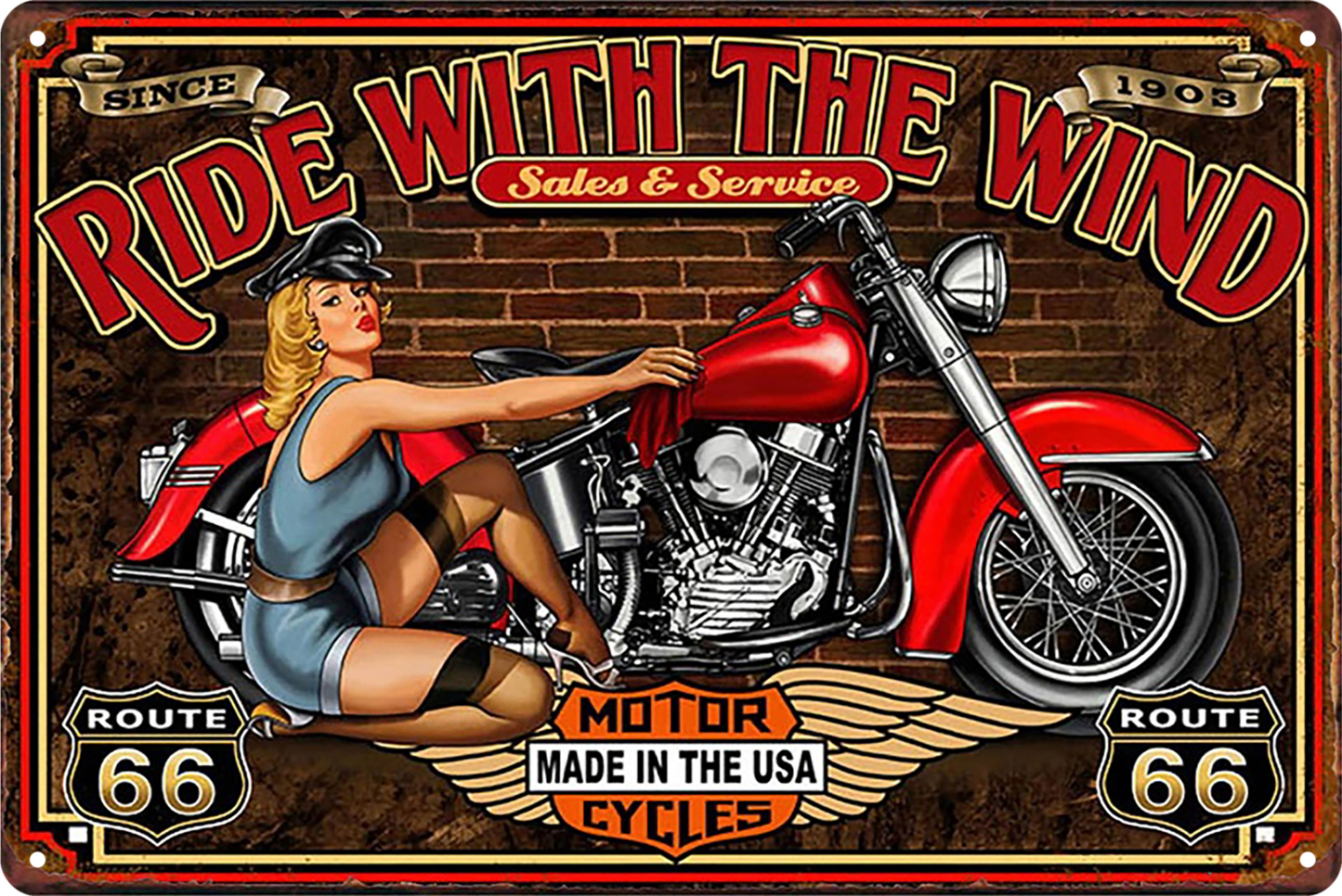 Route 66 Ride With The Wind Motor Cycles Tin Sign Rustic Retro 20x30cm
