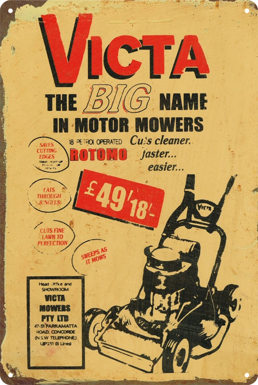 Victa The Big Name In Motor Mowers Tin Sign Rustic Look  Retro 20x30cm