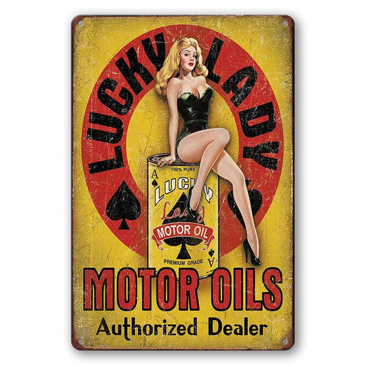 Tin Sign Motor Oils Lucky Lady Authorized Dealer Rustic Look Decorative Wall Art