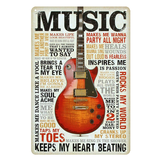 Music Rock Keeps Heart Beating Hioni Guitar Tin Metal Sign Rustic Vintage