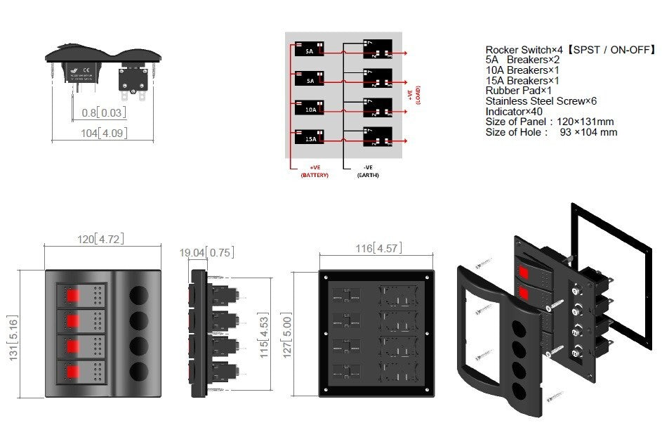 Rocker Switch Panel 4 Gang 12v Led Red Waterproof Circuit Breaker Boat