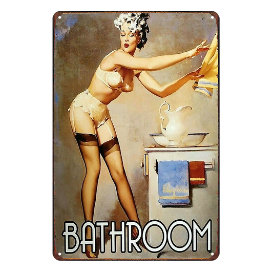 Bathroom Pip Up Girl Sexy Lady Tin Metal Sign Rustic Look Vintage