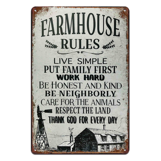 Farmhouse Rules Work Hard Tin Metal Sign Rustic Look Vintage Man Cave