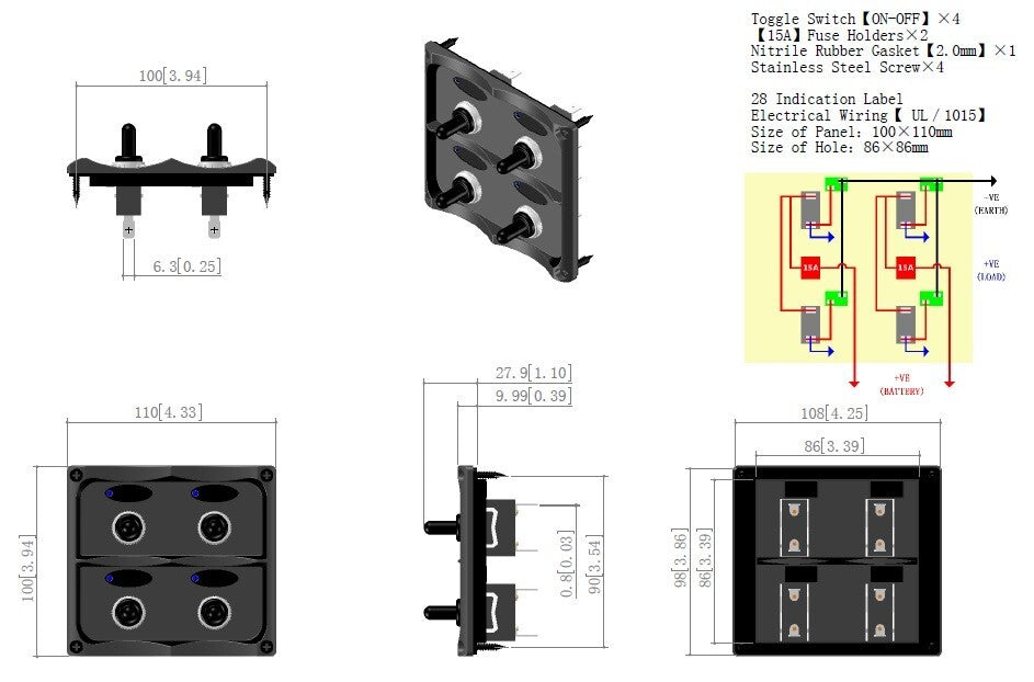 Toggle Switch Panel 4 Gang 15a Marine Boat Caravan Water Pro Blade Fuse