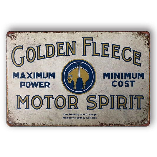 Tin Sign Golden Fleece Motor Spirit Max Power Min Cost Rustic Decorative Vintage