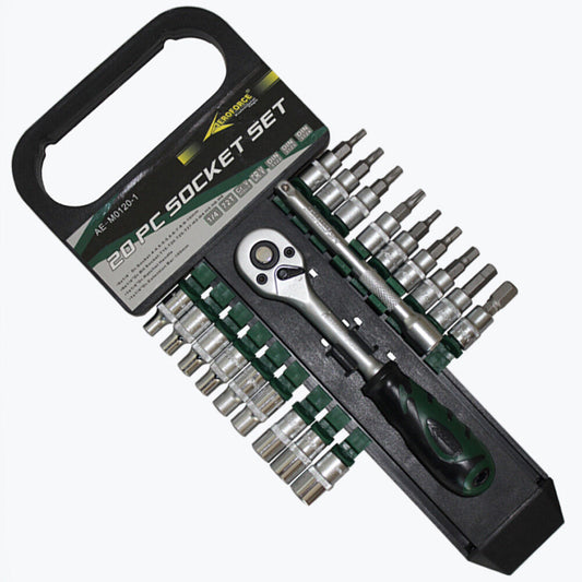 20pc 1/4” Dr. Comb Socket 4-10mm & Bit T15-h8 Ratchet Handle Bar Auto 20003040
