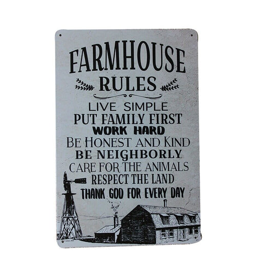 Metal Tin Sign Farm House Rules 200x300mm Decor Rusty Vintage Man Cave