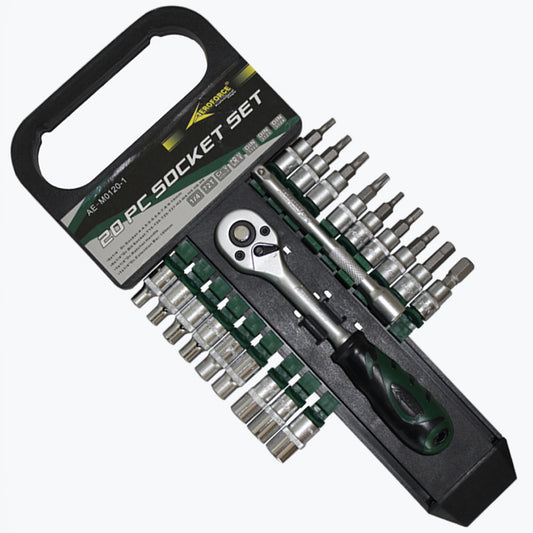 20pc 1/4” Dr. Comb Socket 4-10mm & Bit T15-h8 Ratchet Handle Bar Auto 20003040