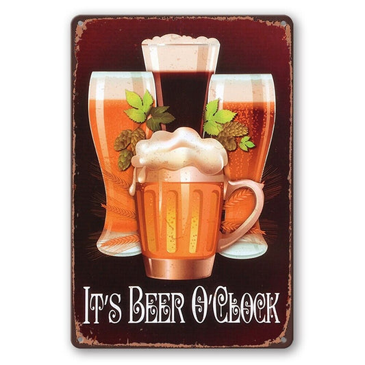 Tin Sign It's Beer O'clock Drink Wine Bar Man Cave Rustic Look Decorative Wall