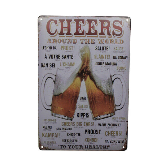 Warning Tin Sign Cheers Around The World Beer Drink  300*200mm Metal