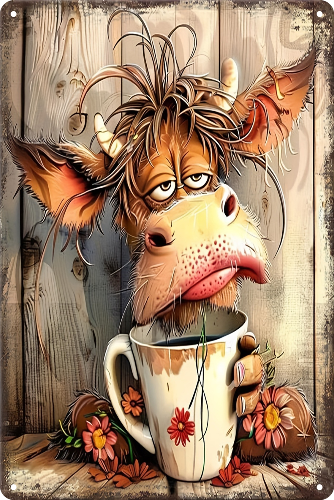 Whimsical Cow In Teacup Coffee Tin Sign Rustic Look  Retro 20x30cm