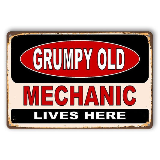 Tin Sign Mechanic Lives Here Grumpy Old Rustic Look Decorative Wall Art