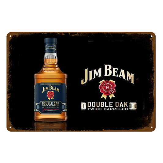 2x Whiskey Jim Beam Double Oak Rustic Tin Sign Vintage Garage Bar