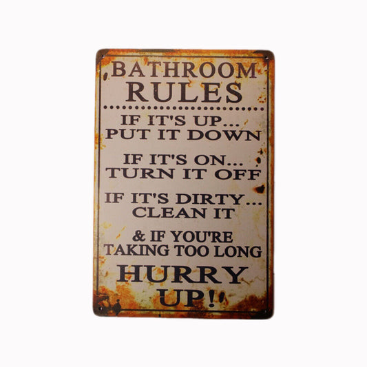 Tin Sign Bathroom Rules Sprint Drink Bar Whisky Rustic Look