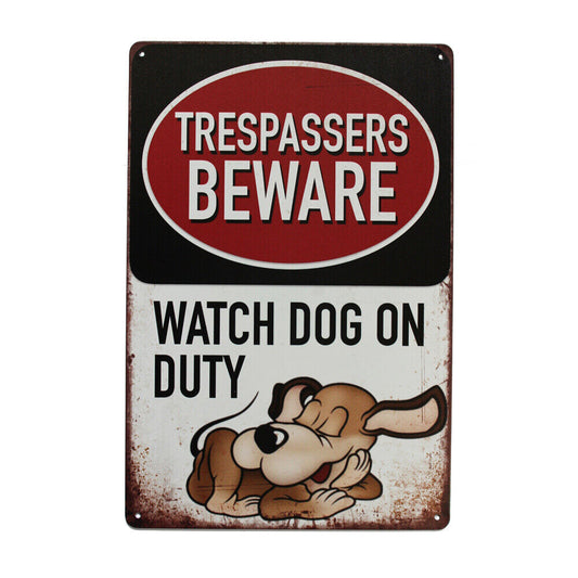 Tin Sign Trespassers Beware Watch Dogs On Duty Warning Security 200x300 Metal