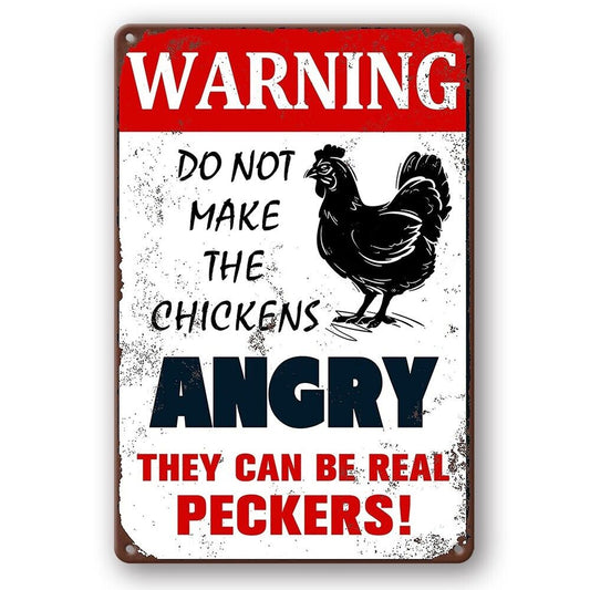 Tin Sign Warning Angry Chickens Can Be Real Peckers Rustic Decorative Vintage