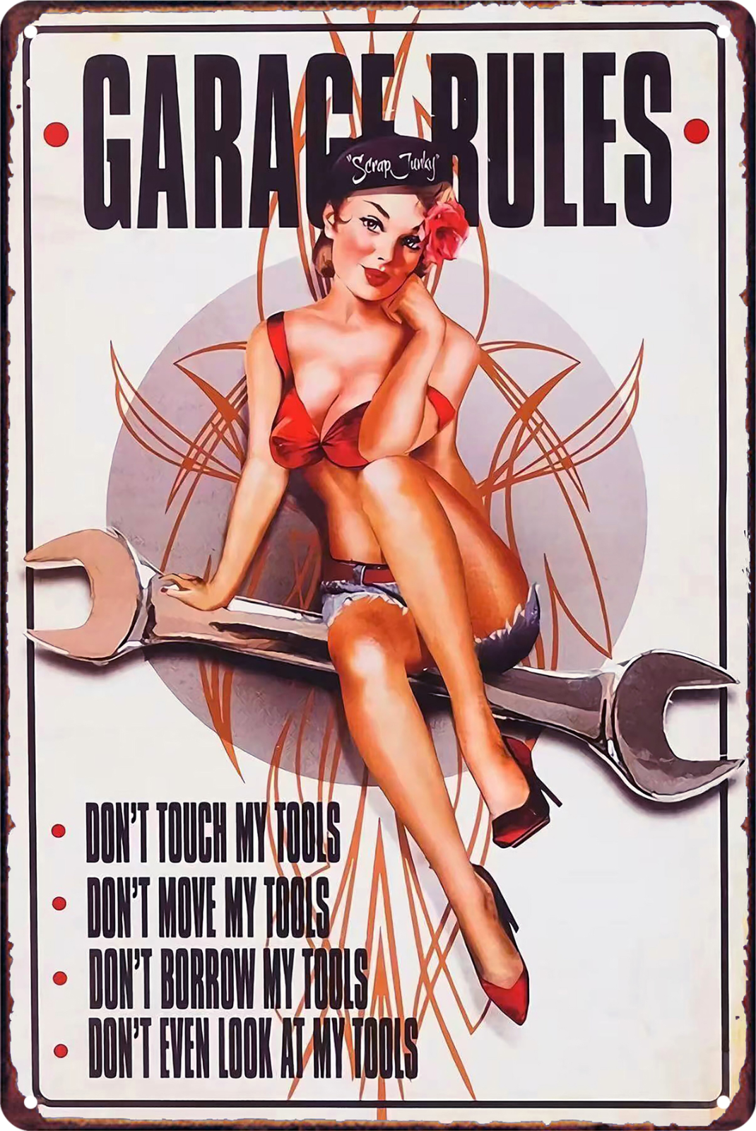Garage Rules Pip-up Sexy Girl Tin Sign Do Not Touch My Tools 20x30cm