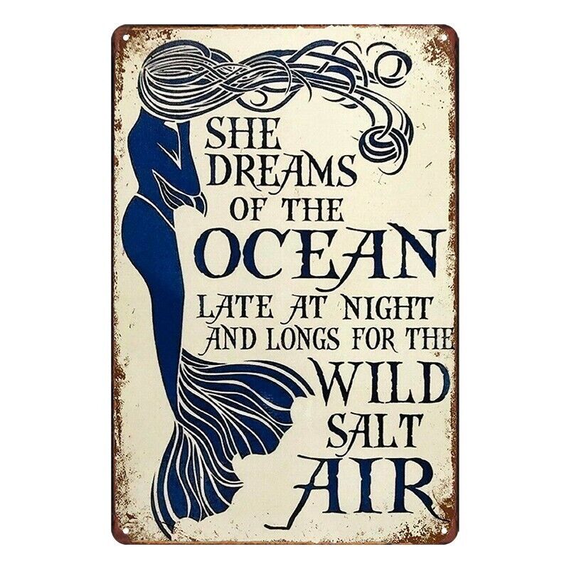 Tin Metal Sign Mermaid Her Dream Ocean Beach Wild Salt Air Night 20x30cm Rustic