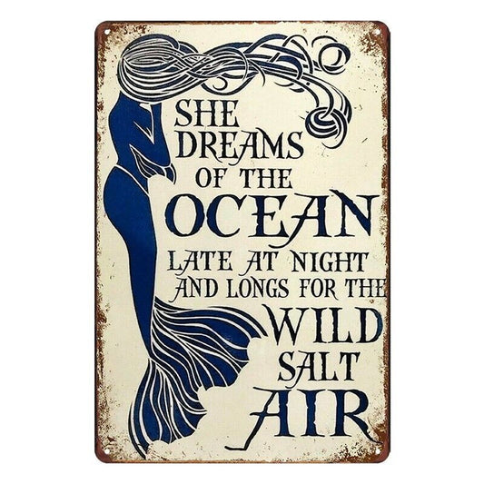 Tin Metal Sign Mermaid Her Dream Ocean Beach Wild Salt Air Night 20x30cm Rustic