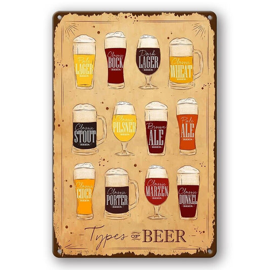 Tin Sign Types Of Beer Lager Bock Ale Bar Rustic Decorative Vintage