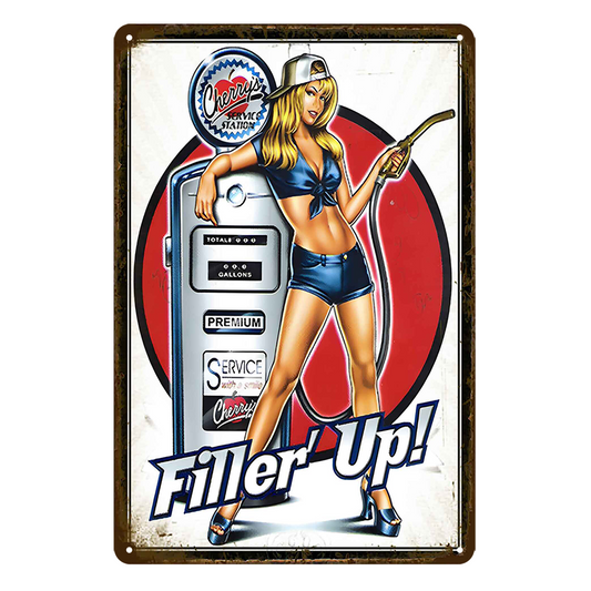 Filler Up Sexy Girl Pin-up Rustic Metal Sign Vintage Tin Shed Garage Bar