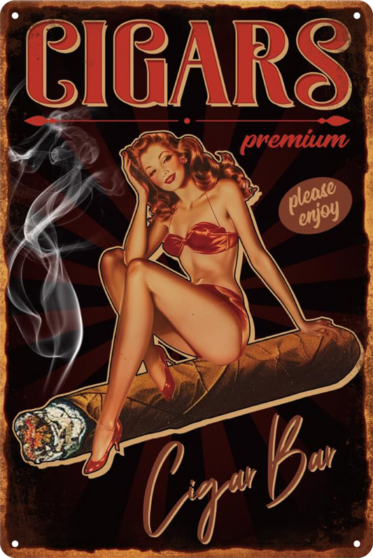 Cigars Cigar Bar Enjoy Pip Up Girl Smoking Tin Sign Rustic Retro 20x30cm