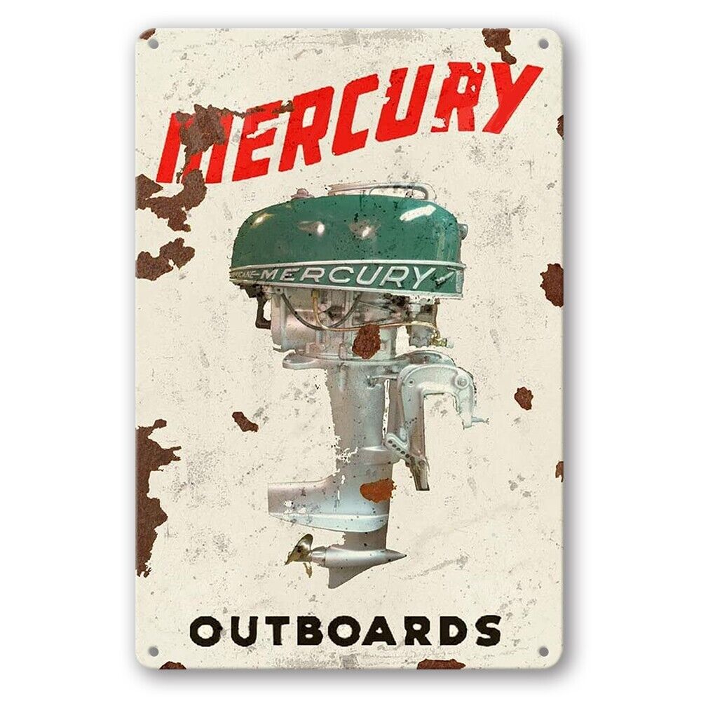 Tin Sign Mercury Outboards Motor Rustic Look Decorative Wall Art Man Cave